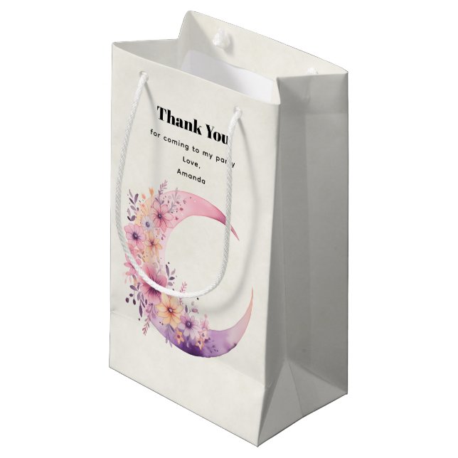 Pink Crescent Moon with Pretty Flowers Thank You Small Gift Bag (Front Angled)