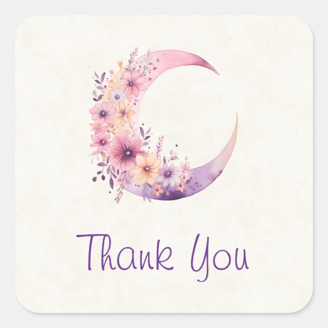 Pink Crescent Moon with Pretty Flowers Thank You Square Sticker (Front)