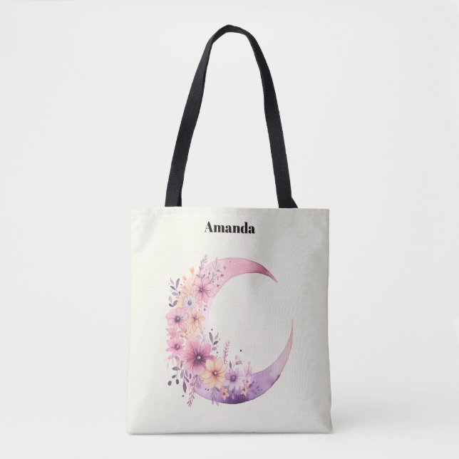 Pink Crescent Moon with Pretty Flowers Tote Bag (Front)