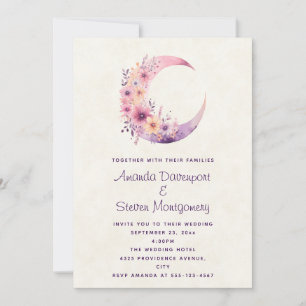 Pink Crescent Moon with Pretty Flowers Wedding Invitation
