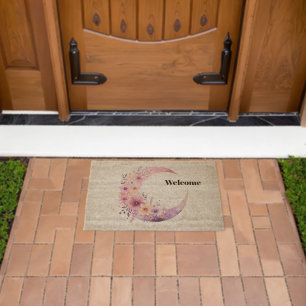 Pink Crescent Moon with Pretty Flowers Welcome Fiber Doormat