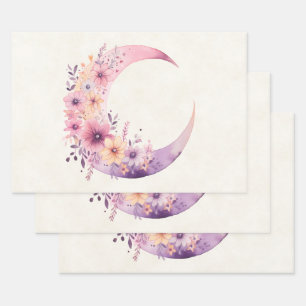 Pink Crescent Moon with Pretty Flowers Wrapping Paper Sheets