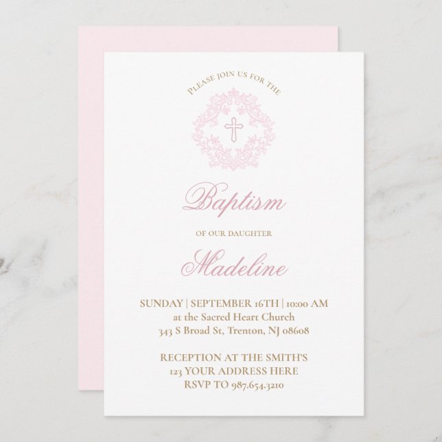 pink crest | Baptism Invitation (Front/Back)
