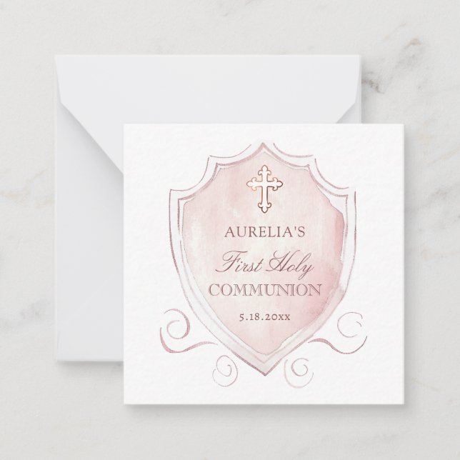 Pink Crest First Communion Mini Thank You Card (Front)