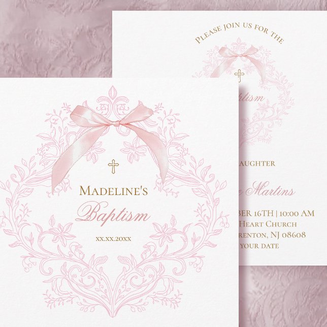 pink crest little bow Baptism | small size mini Invitation (Creator Uploaded)