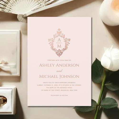 Pink Crest Wedding Monogram Vintage Rose Gold Invitation