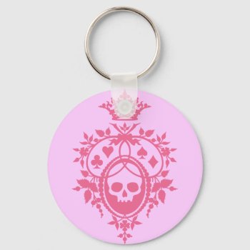 Pink Crest With Skull And Cardsuits Keychain by opheliasart at Zazzle