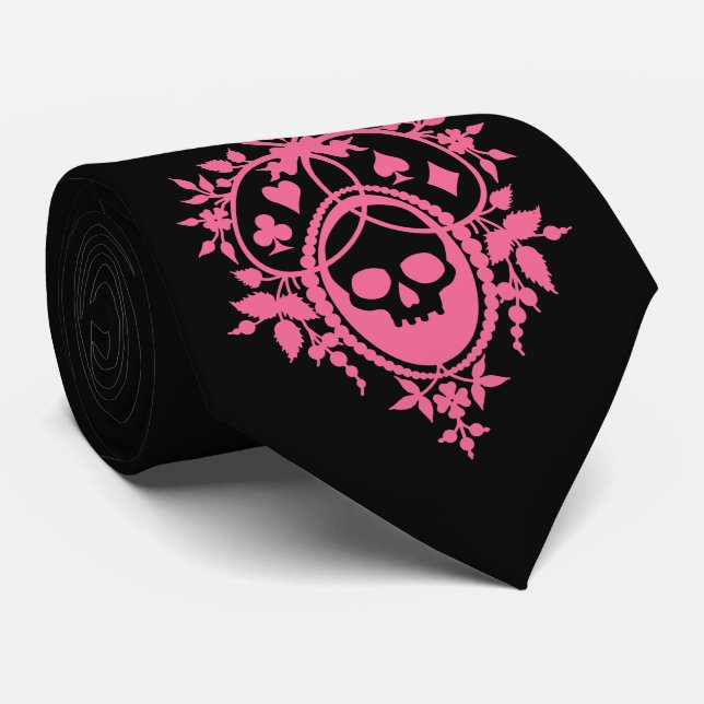 Pink Crest with Skull and Cardsuits Neck Tie (Rolled)