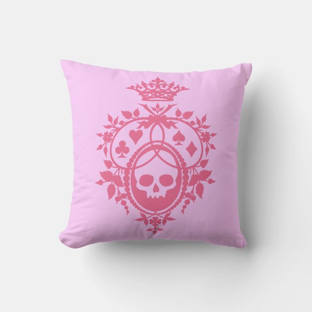 Pink Crest with Skull and Cardsuits Throw Pillow (Front)