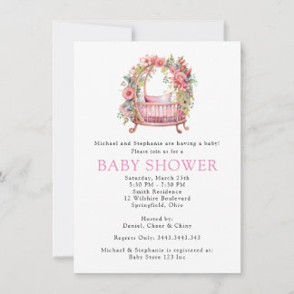 Pink Crib Floral Girl Baby Shower Invitation