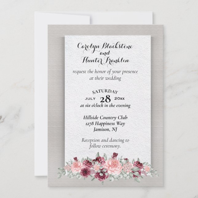 Pink & Crimson Roses with Monogram Wedding Invitation (Front)
