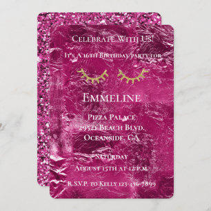 Pink Crinkle Glitzy Gold Glitter Eyelashes Invitation