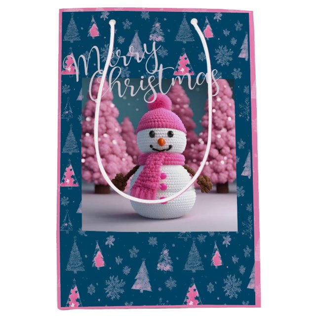 Pink Crocheted Snowman Winter Wonderland Medium Gift Bag (Front)