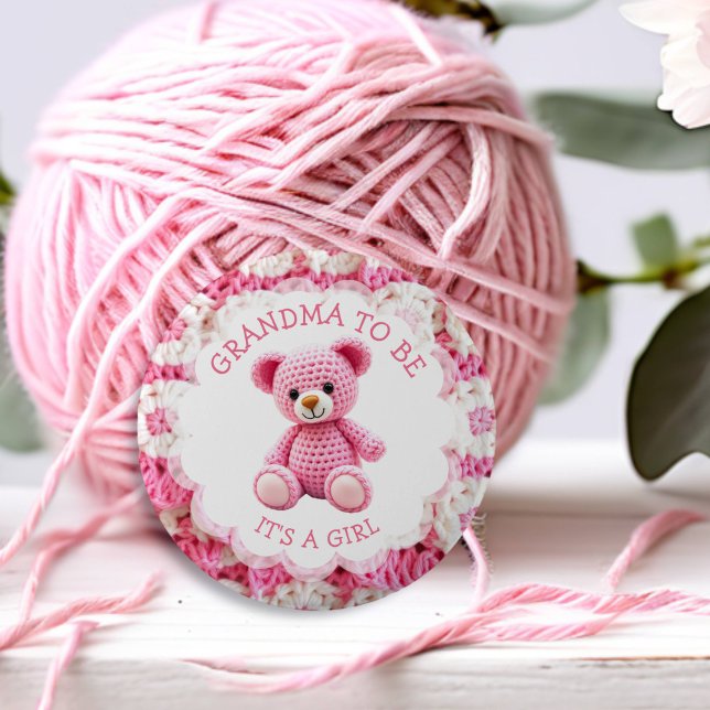 Pink Crocheted Teddy Bear | Grandma to Be Button (Creator Uploaded)