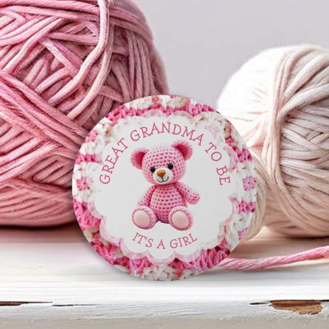Pink Crocheted Teddy Bear | Great Grandma to Be Button (Creator Uploaded)
