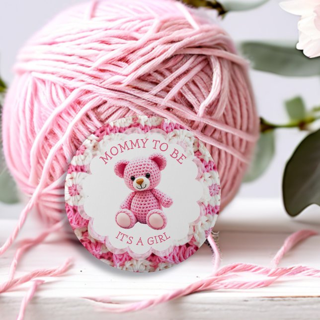 Pink Crocheted Teddy Bear | Mom to Be Button (Creator Uploaded)
