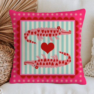 Pink Crocodiles in Heart Pattern Bold Maximalist Throw Pillow