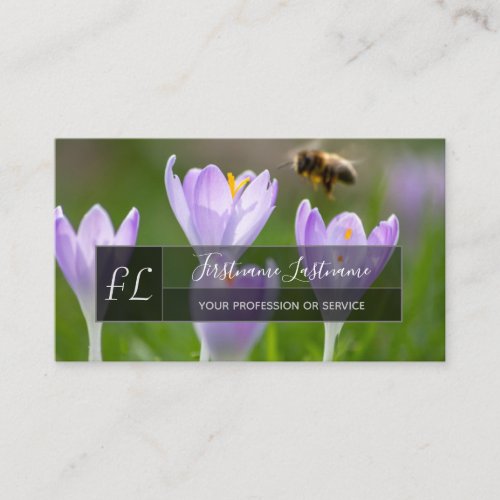 Pink crocus blossom bee gray rectangle monogram business card