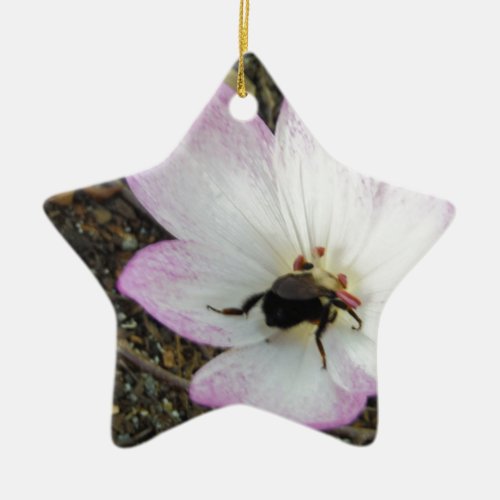 Pink Crocus with Bumblebee Ceramic Ornament