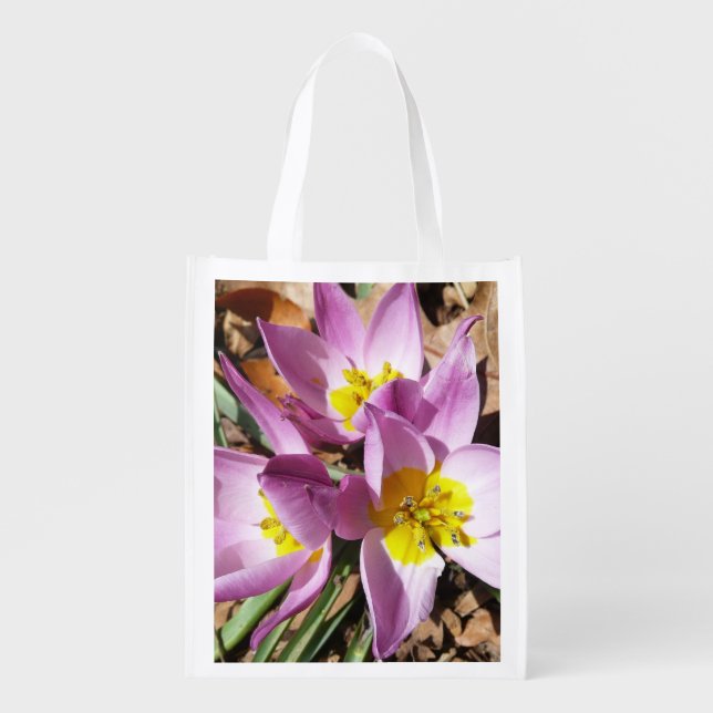 Pink Crocuses Spring Floral Grocery Bag (Front)