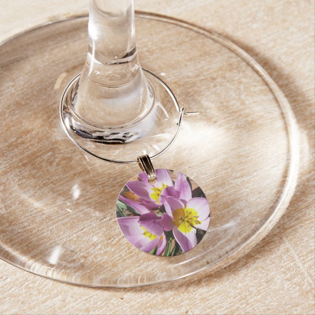 Pink Crocuses Spring Floral Wine Glass Charm (In Situ)