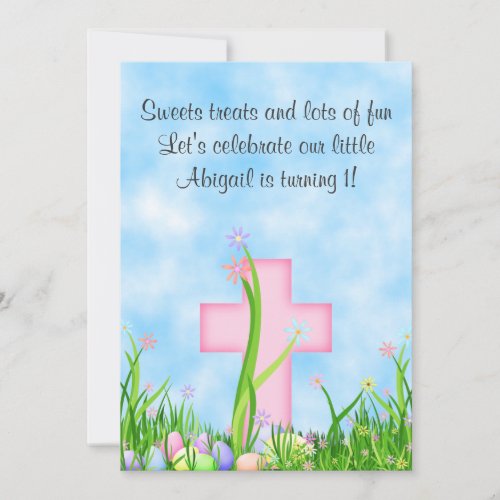 Pink Cross and Easter Eggs 1st Birthday Invitation