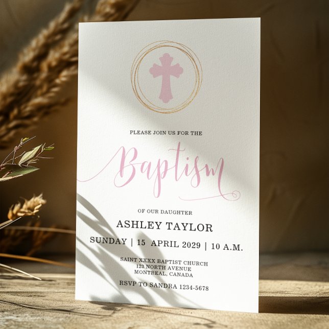  Pink Cross and  Faux Gold Frame Baptism  Invitation (Creator Uploaded)