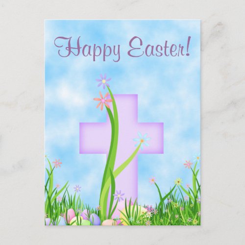 Pink Cross and Flowers Happy Easter Postcard