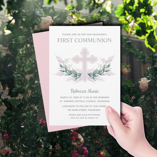 Pink Cross and Leaves First Communion Invitation