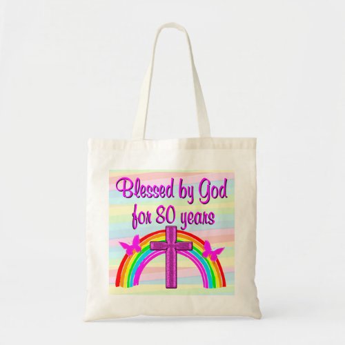 PINK CROSS AND RAINBOW 80TH BIRTHDAY TOTE BAG