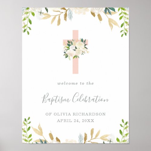 Pink Cross and White Flowers  Baptism Welcome Poster