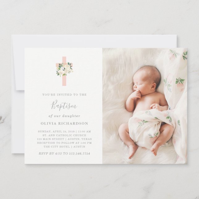 Pink Cross and White Flowers | Photo Girl Baptism Invitation (Front)