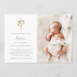 Pink Cross and White Flowers Photo Girl Baptism Invitation