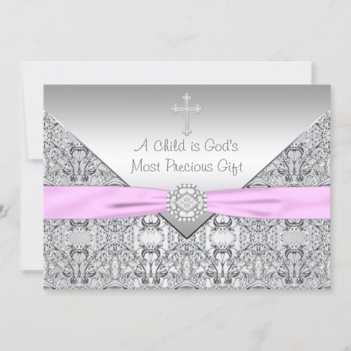 Pink Cross Baby Girl Baptism Christening Invitation