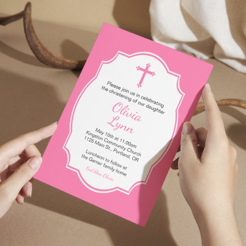 Pink Cross Baby Girl Baptism Christening Invitation