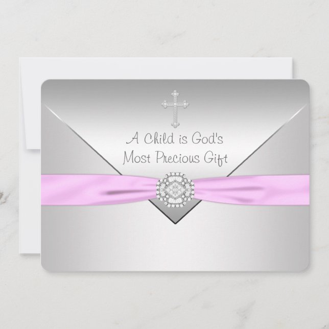 Pink Cross Baby Girl Christening Invitation (Front)