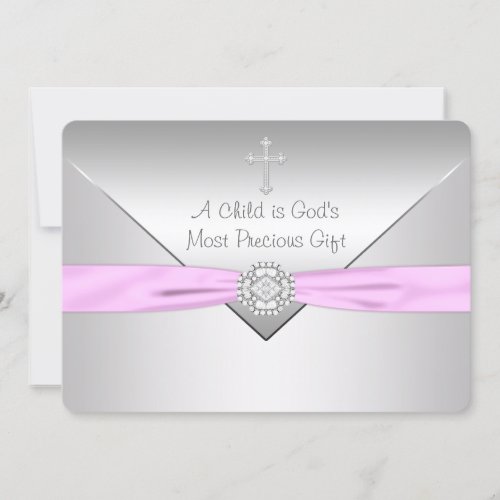 Pink Cross Baby Girl Christening Announcement