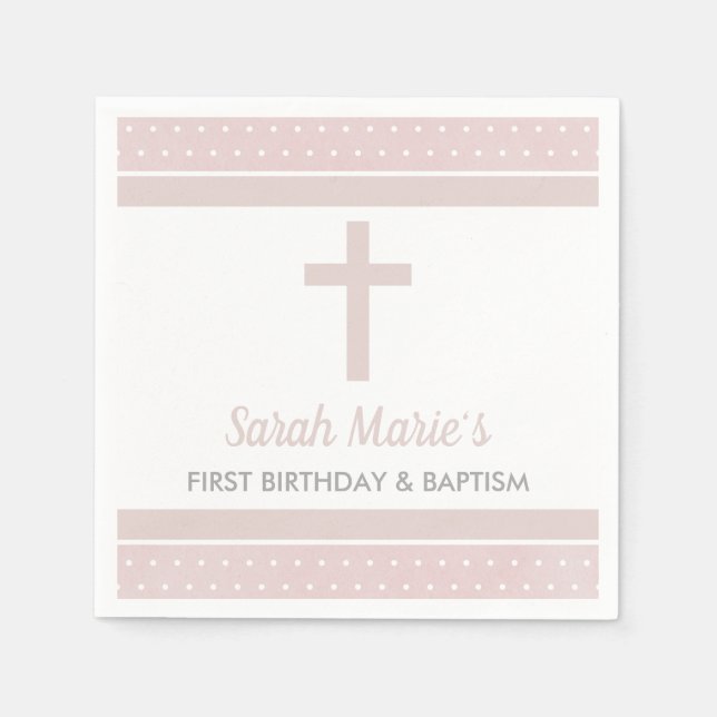 Pink Cross Baby Girl First Birthday Baptism Napkins (Front)