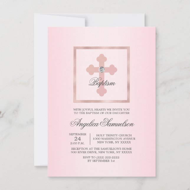 Pink Cross Baptism Christening Ceremony GIRL Invitation (Front)