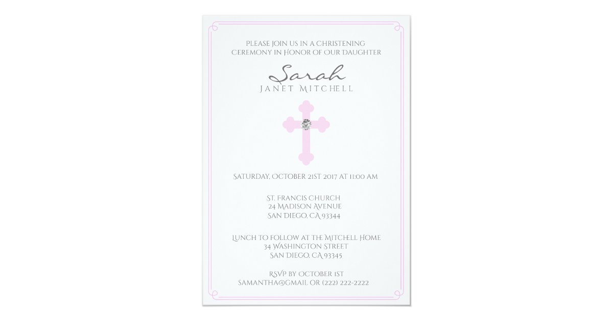 Pink Cross Baptism Christening Ceremony Girl Invitation