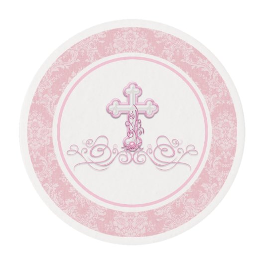 Pink Cross Baptism Cupcake Frosting Rounds (Front)