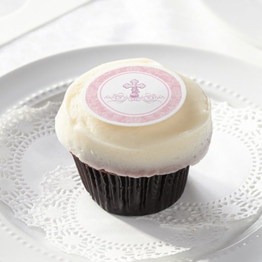 Pink Cross Baptism Cupcake Frosting Rounds (Cupcake)