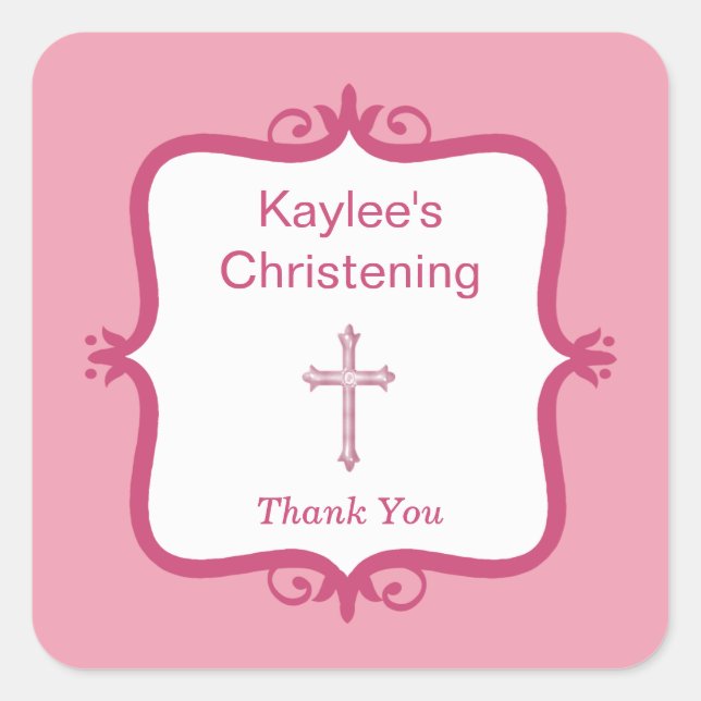 Pink Cross Baptism Square Sticker (Front)
