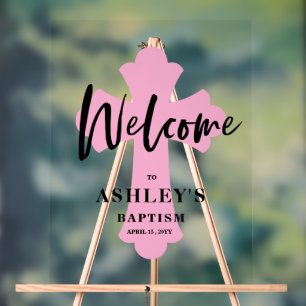 Pink Cross Baptism Welcome Acrylic Sign