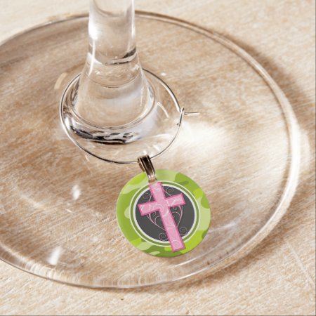Pink Cross; Bright Green Camo, Camouflage Wine Glass Charm
