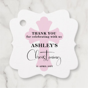 Pink Cross Christening Thank you Fancy Square Favor Tags