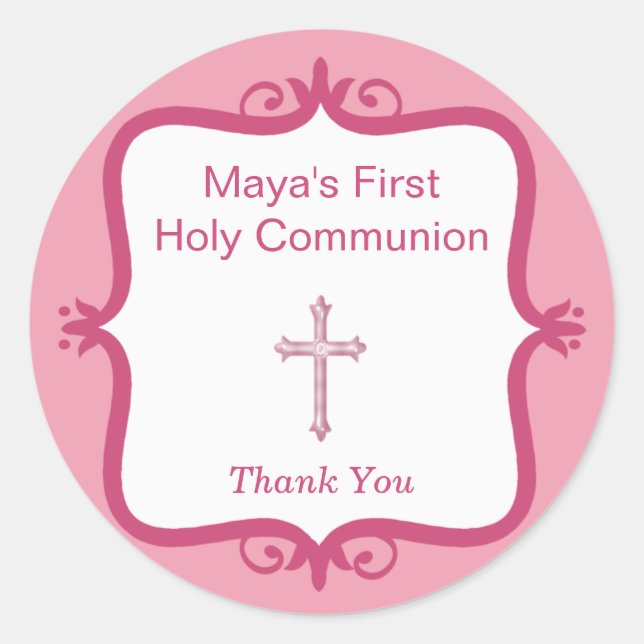 Pink Cross Communion Round Sticker (Front)