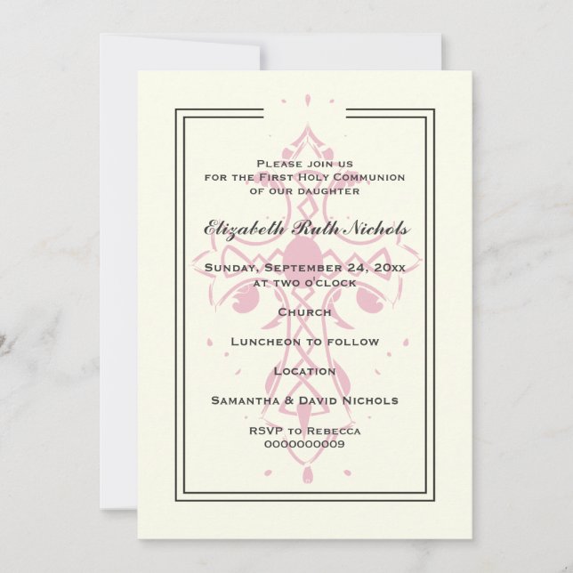 Pink Cross First Communion Baptism Confirmation Invitation (Front)