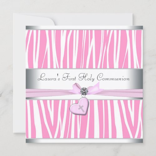 White Pink Zebra Heart Pink Cross First Communion Custom Announcements