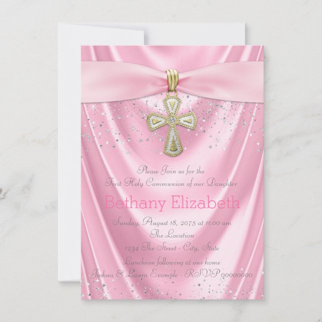 Pink Cross First Communion Pink Satin Invitation (Front)
